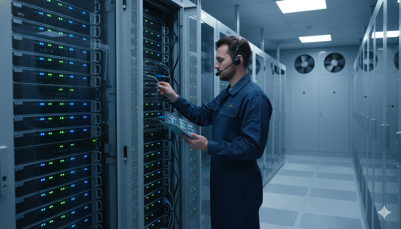 Fotografía realista de una sala de servidores (data center) con un técnico realizando una revisión de seguridad.