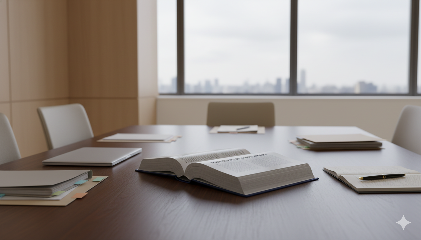 Fotografía realista de una mesa de juntas con un libro de normativas abierto.