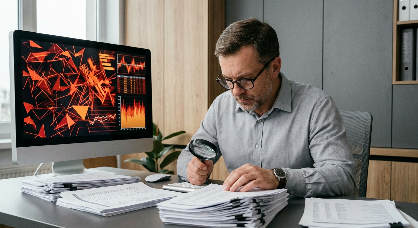 Fotografía realista de un analista revisando transacciones inusuales en una pantalla con documentos de soporte.