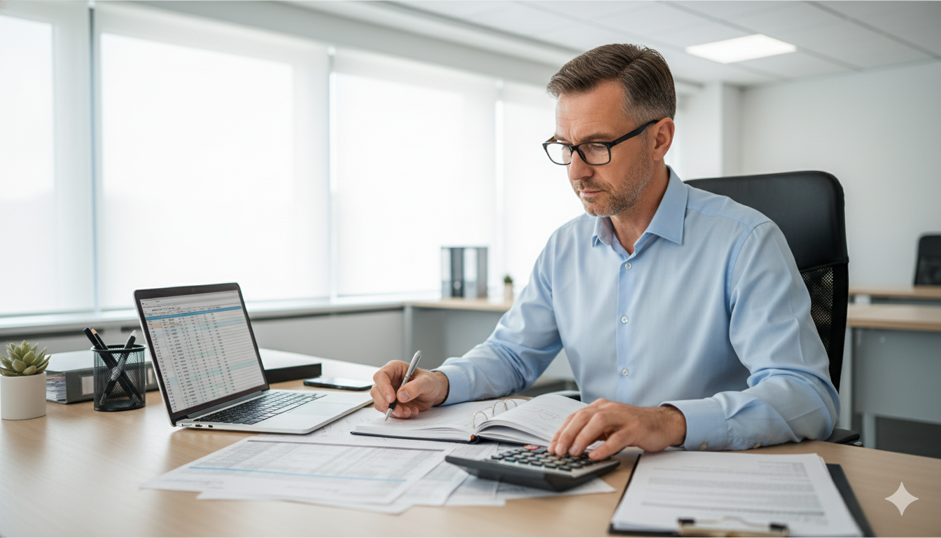 Fotografía realista de un auditor profesional revisando documentos financieros.