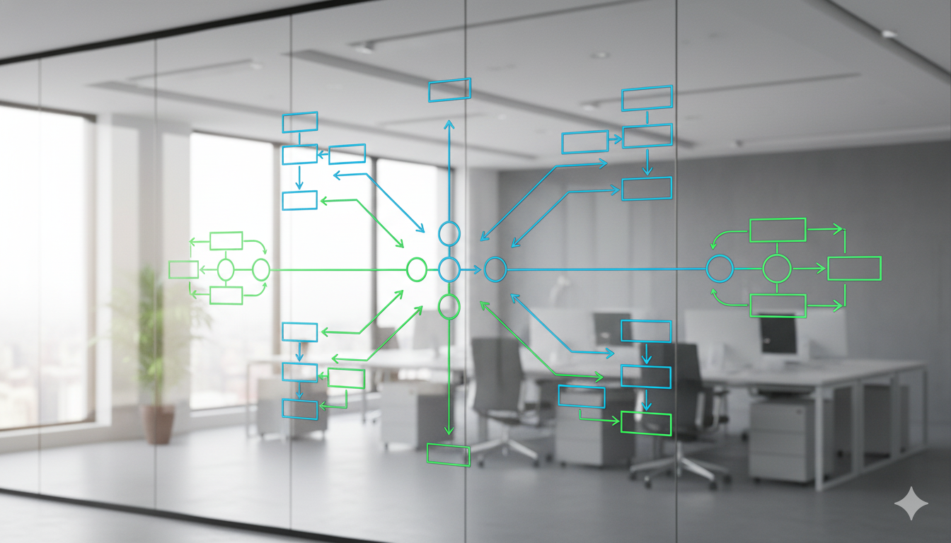 Fotografía realista de un diagrama de flujo de servicios sobre una pared de cristal en una oficina.