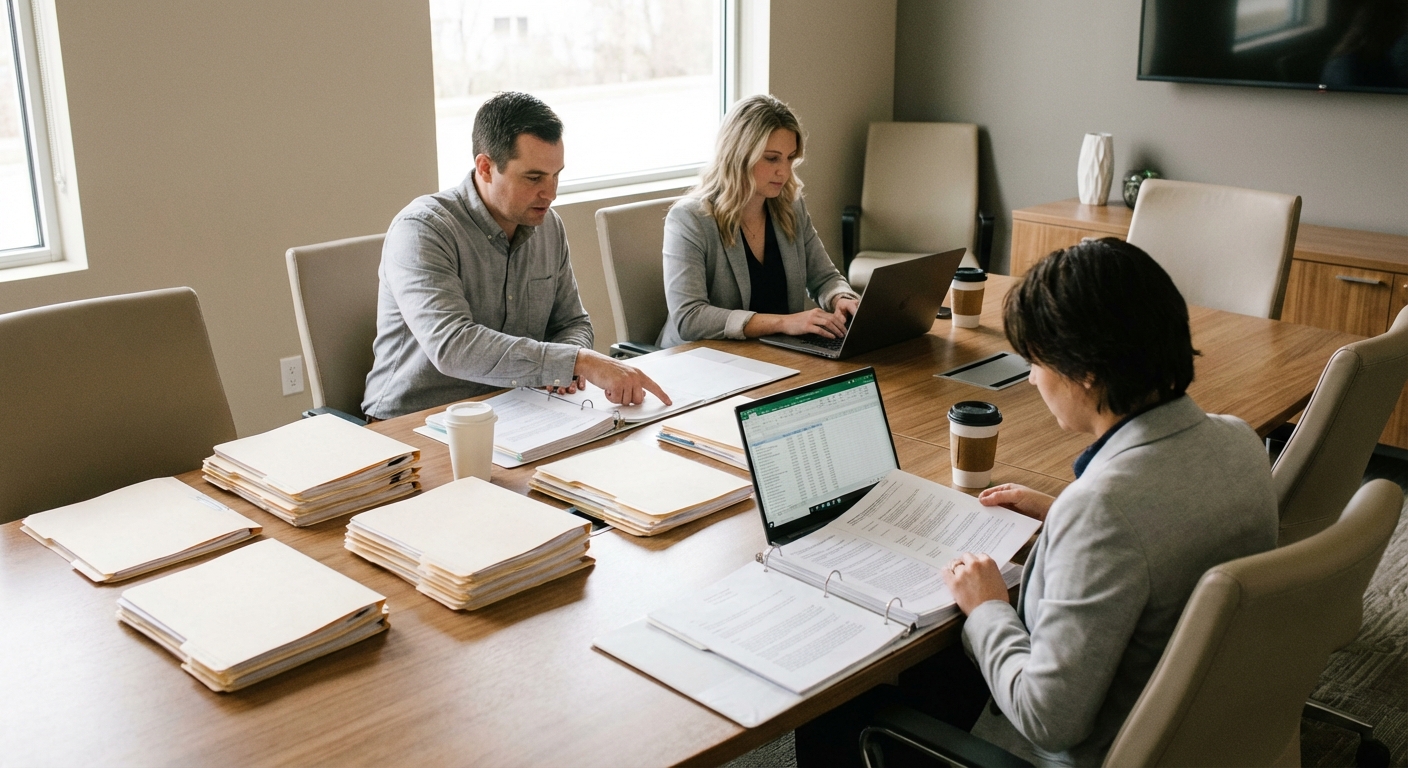 Fotografía realista de un equipo revisando expedientes de proveedores y contratos en una mesa de trabajo.