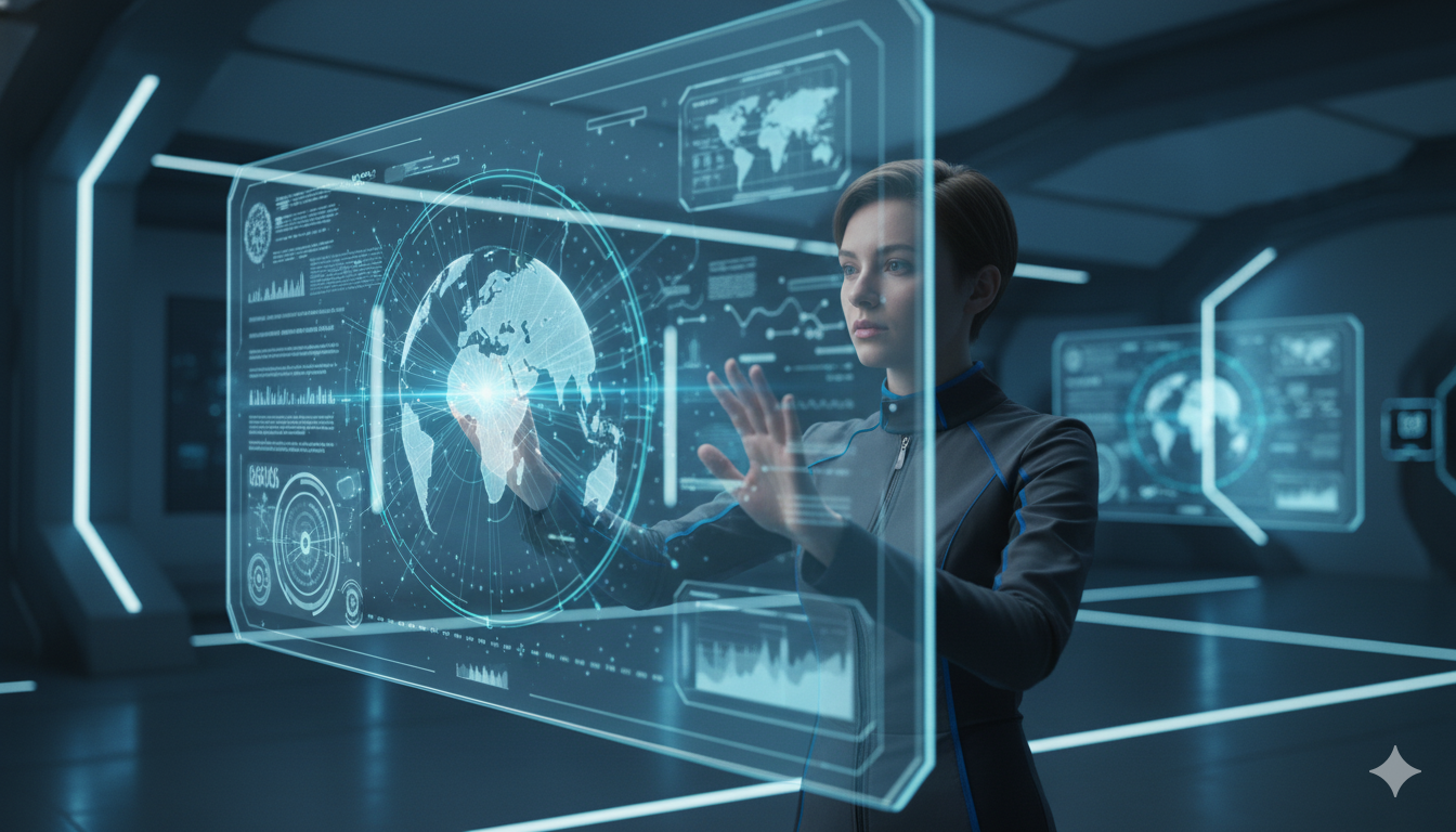 Fotografía realista de una persona interactuando con una pantalla táctil transparente gigante.