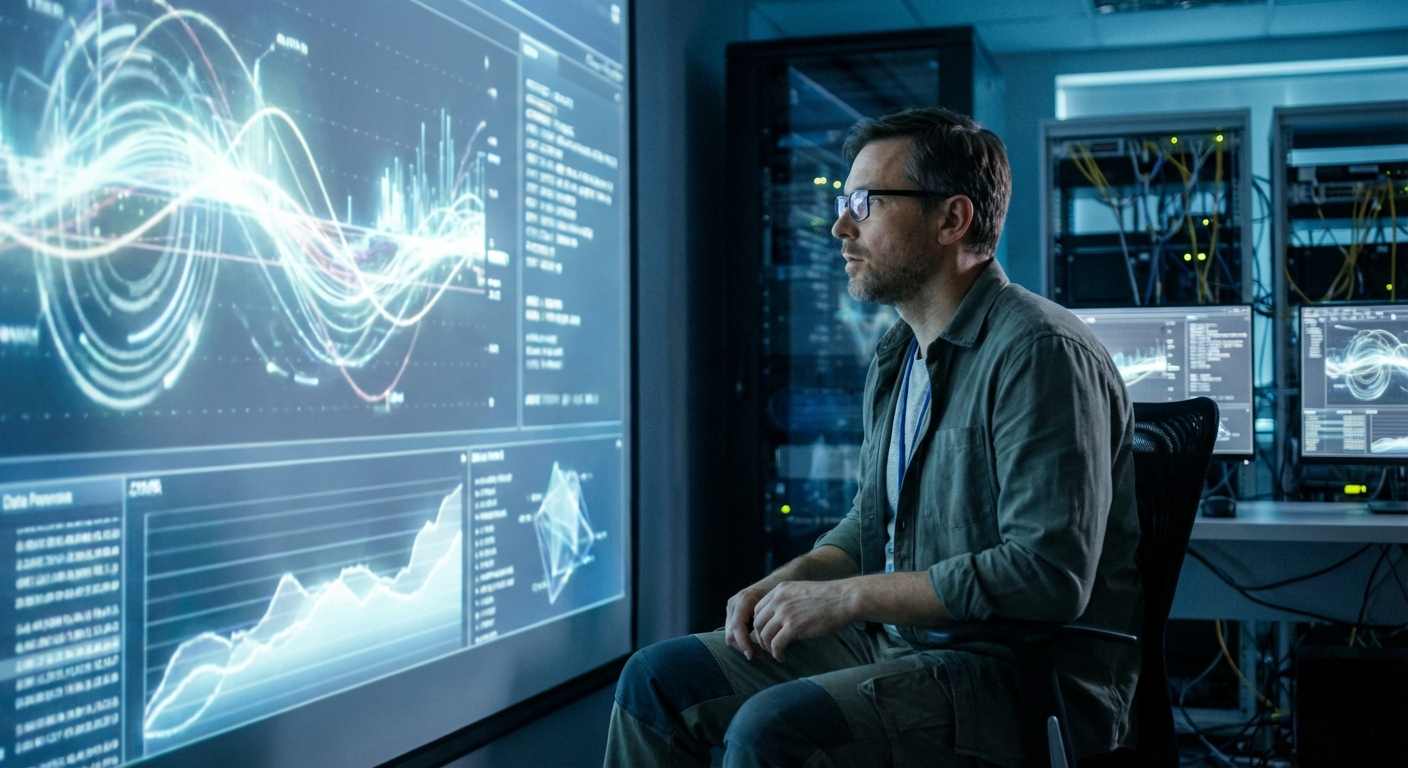 Fotografía realista de un analista observando proyecciones de datos en una pantalla con gráficos abstractos.