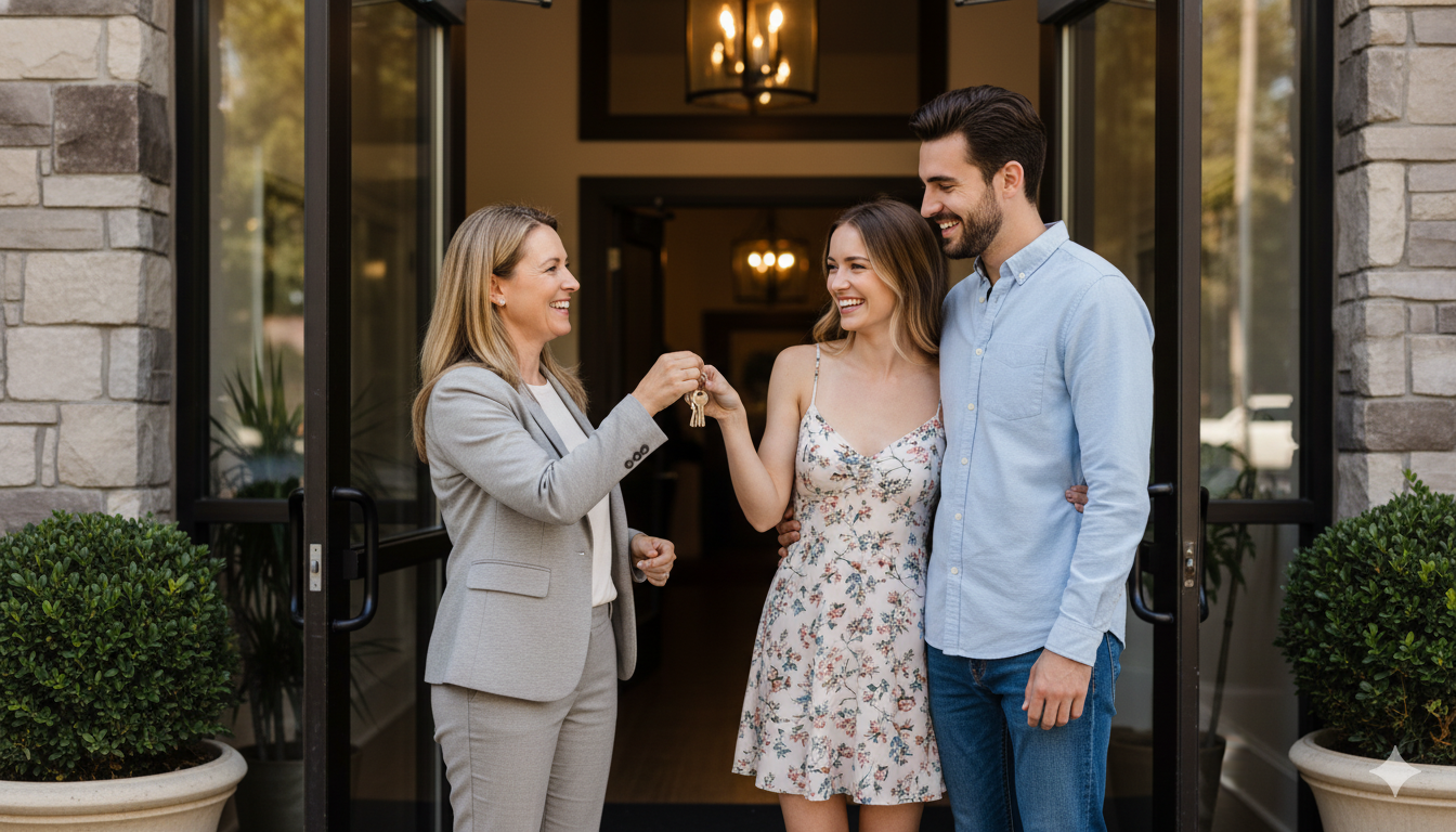 Fotografía realista de un administrador de propiedades entregando las llaves de un apartamento.