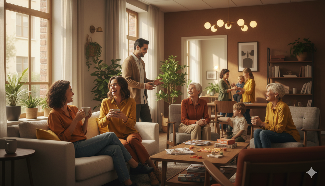 Fotografía realista de un área común de un edificio residencial donde varios vecinos conversan.