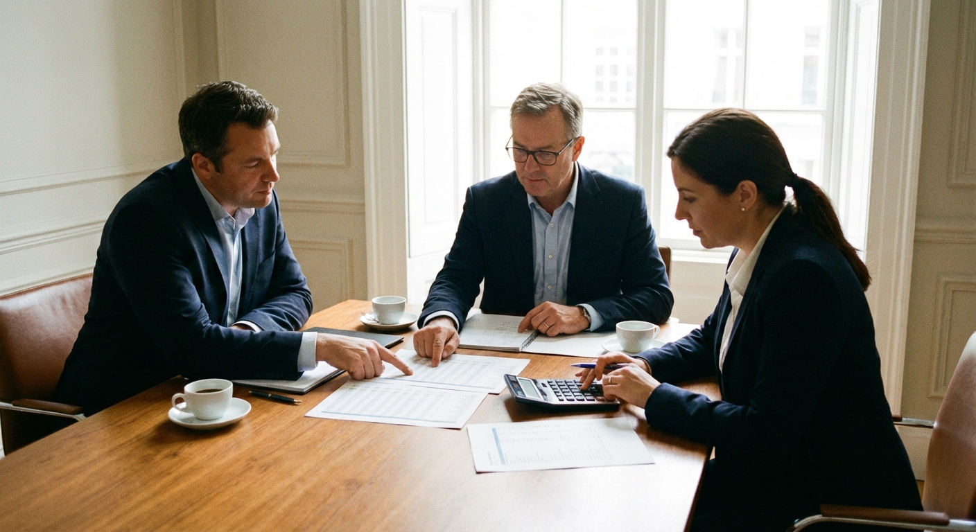 Fotografía realista de administradores revisando un presupuesto en una sala de reuniones residencial.